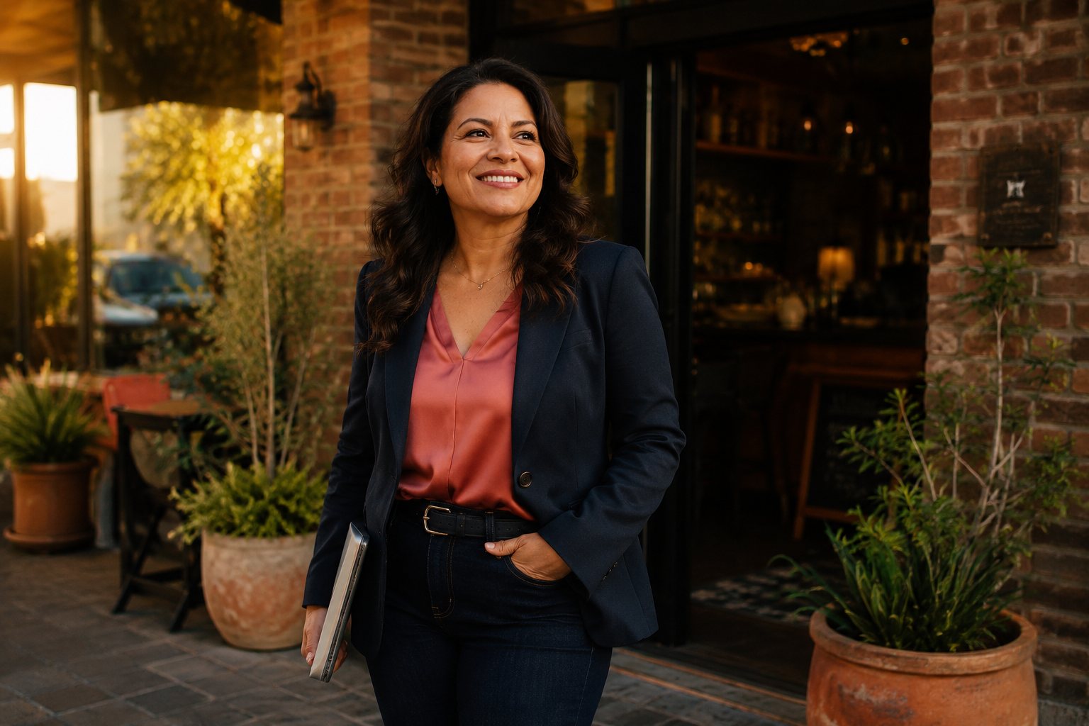 Professional woman outside a neighborhood restaurant
